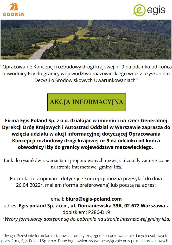 Plakat akcja informacyjna Opracowanie Koncepcji rozbudowy drogi krajowej nr 9 na odcinku od końca obwodnicy Iłży do granicy województwa mazowieckiego