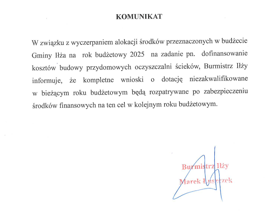 Komunikat dotyczy: dofinansowania kosztów budowy przydomowych oczyszczalni ścieków.